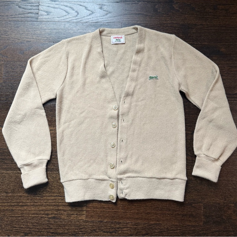 Vintage Campus Le Tigre Cardigan Sweater Men's Size Medium Beige like Lacoste